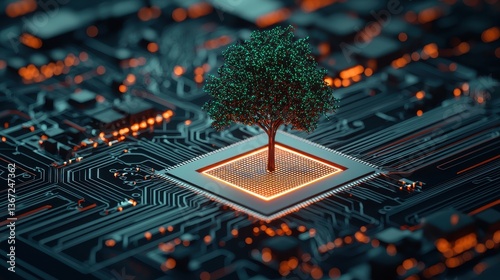 Tree Growing on Computer Chip Symbolizing Technology, Nature, and Future Sustainability Concepts