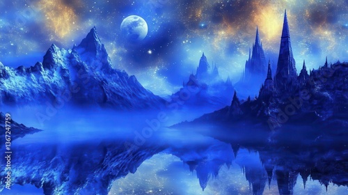 Mystical Blue Fantasy Landscape with Mountains and Stars Reflecting on Still Water at Night