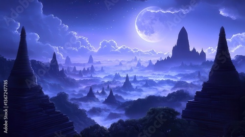 Majestic Temple Silhouettes Against a Mystical Night Sky with Moonlight and Clouds