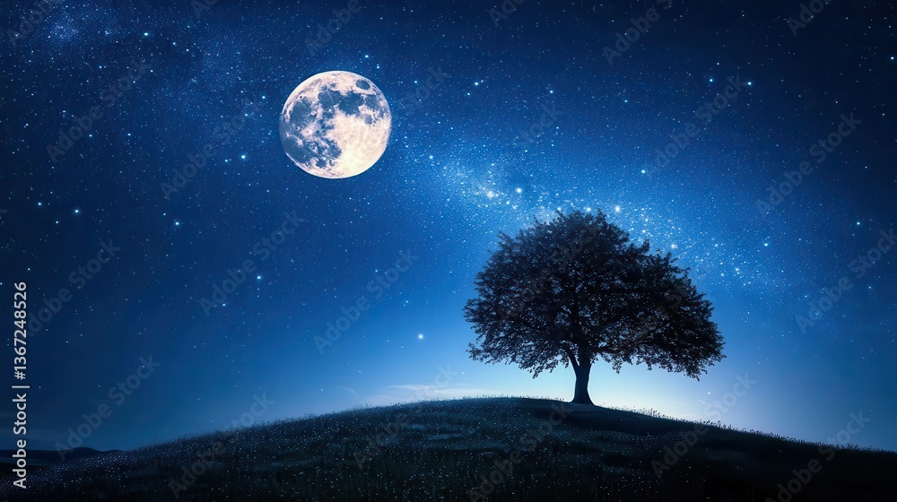 Fototapeta premium Majestic Tree Under Full Moon Surrounded by Stars on a Clear Night
