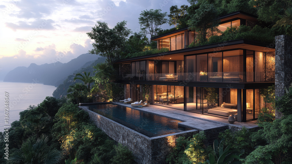 Obraz premium Traditional wooden house by the water surrounded by nature