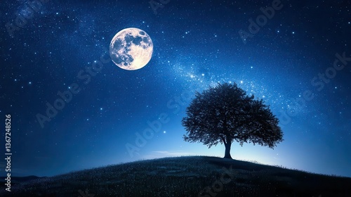 Majestic Tree Under Full Moon Surrounded by Stars on a Clear Night