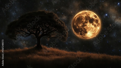 Majestic Tree Beneath a Glowing Full Moon in a Starry Night Sky with Ethereal Atmosphere