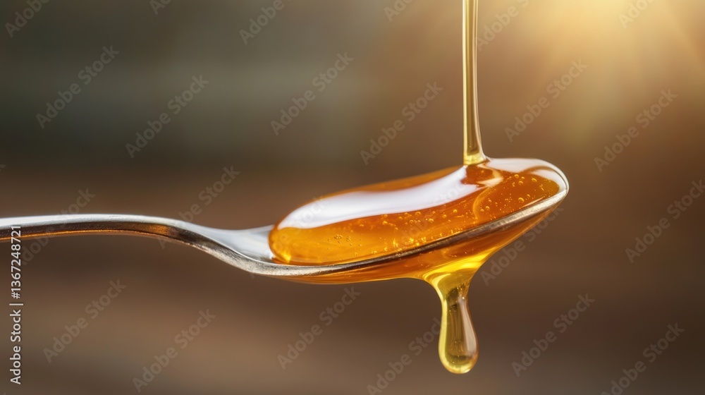 A honey-like fluid slowly dripping from a spoon, showcasing viscosity --ar 16:9 --v 6.1 Job ID: 6ae60ade-807e-4047-b55d-f3a89befe0b5