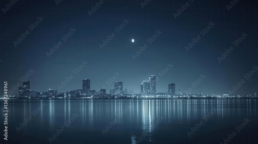 Fototapeta premium Nighttime City Skyline Reflection on Water with Illuminated Buildings and Moonlit Sky
