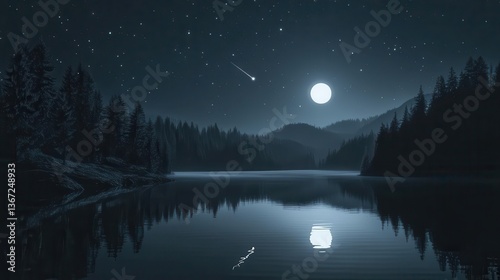 Night Sky Over Tranquil Lake with Reflection of Moon and Stars Surrounded by Forested Mountains