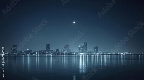Nighttime City Skyline Reflection on Water with Illuminated Buildings and Moonlit Sky