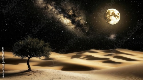 Nighttime Desert Landscape with Silhouetted Tree Under a Starry Sky and Bright Moon