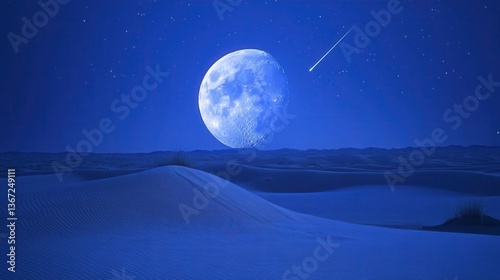 Nighttime Desert Landscape with Full Moon and Shooting Star Over Sand Dunes