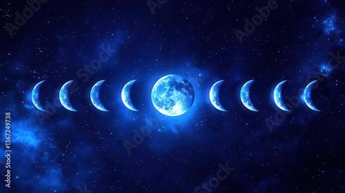 Phases of the Moon Captured Against a Starry Night Sky in Ethereal Blue Tones