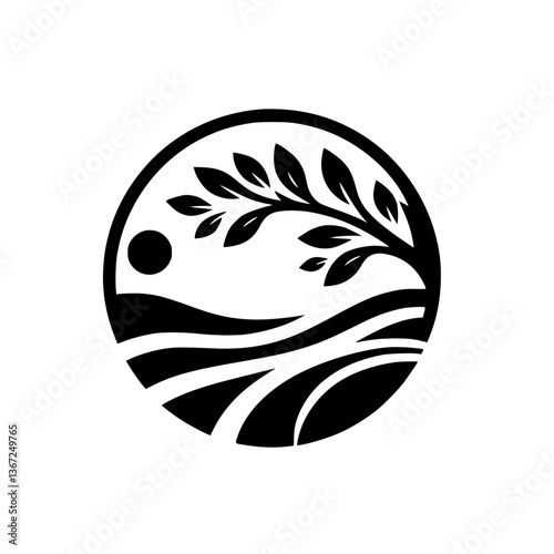 Monochrome Landscape Emblem: Tree and Rolling Hills in a Circle