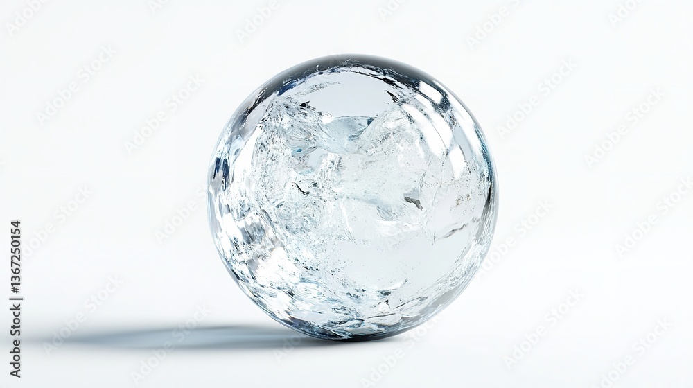 A clear glass sphere with internal cracks on a white surface A clear glass sphere with internal cracks on a white surface