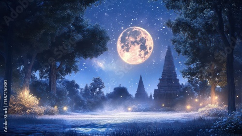Moonlit Landscape with Snowfall and Ancient Temples Highlighted Under a Starry Night Sky