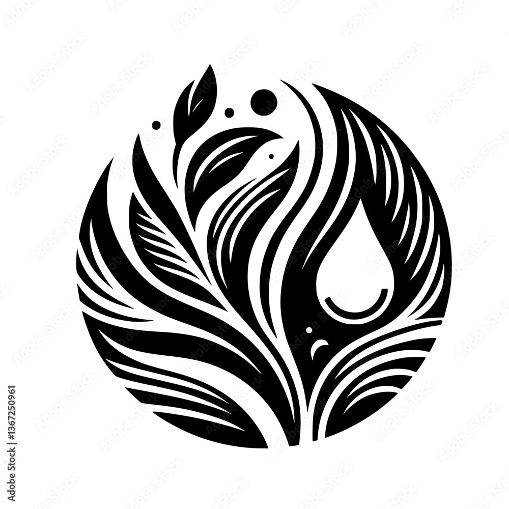 Obraz premium Black & White Nature Emblem: Leafy Sphere with Water Drop