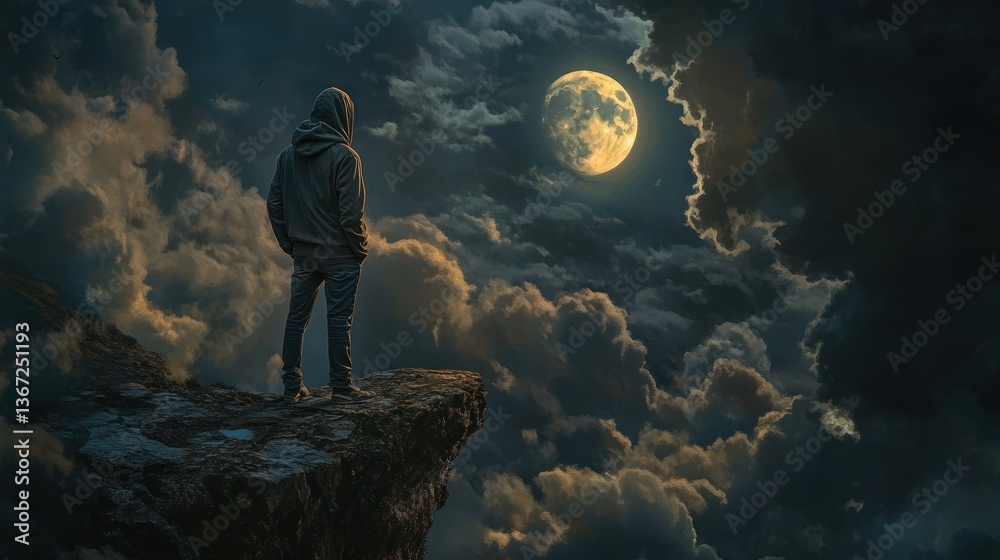 Fototapeta premium Contemplation under lunar glow, Figure silhouetted against moonlit sky