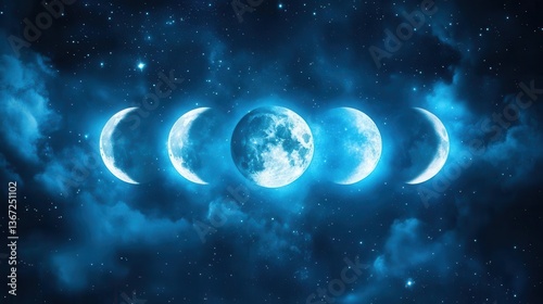 Phases of the Moon in a Starry Night Sky with Clouds Creating a Mystical Atmosphere