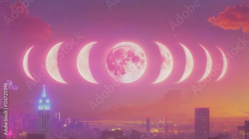 Phases of the Moon Over a Vibrant Cityscape at Sunset with Ethereal Purple Sky