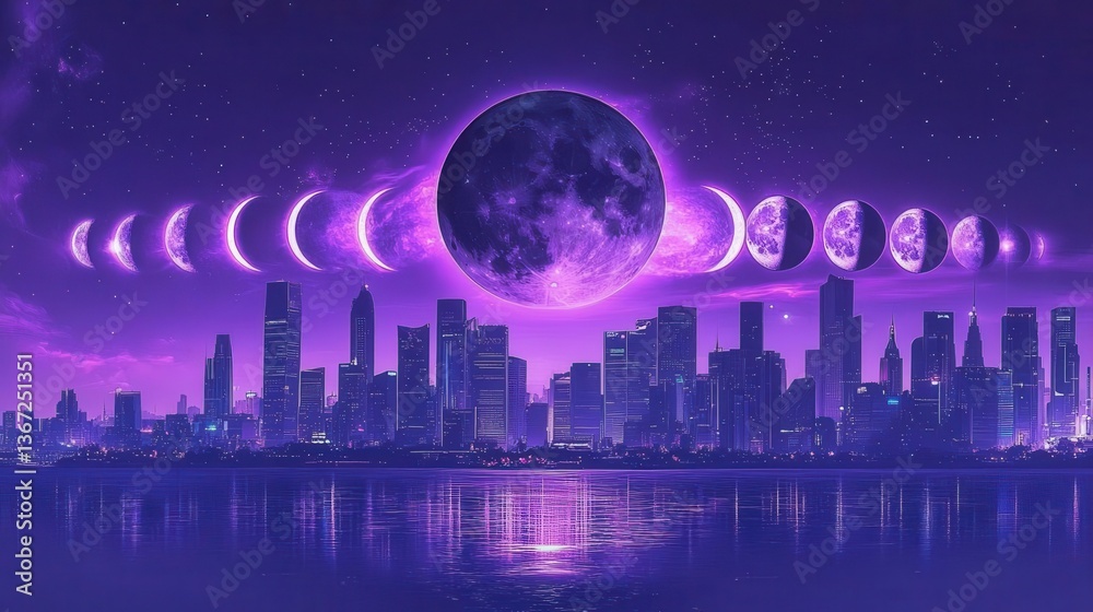 Naklejka premium Phases of the Moon Over a Vibrant Urban Cityscape at Night with Purple Skies and Water Reflection