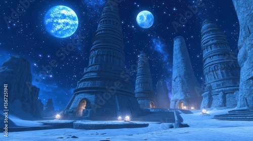 Mystical Ancient Temple Structures Under a Starry Night Sky with Two Planets in the Distance
