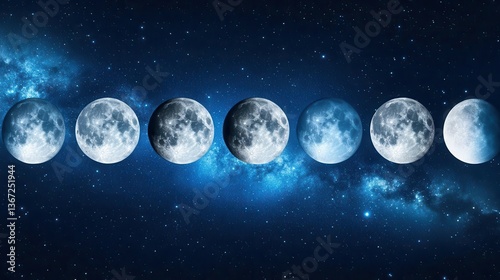 Phases of the Moon Transitioning in a Starry Night Sky with Cosmic Blue Background