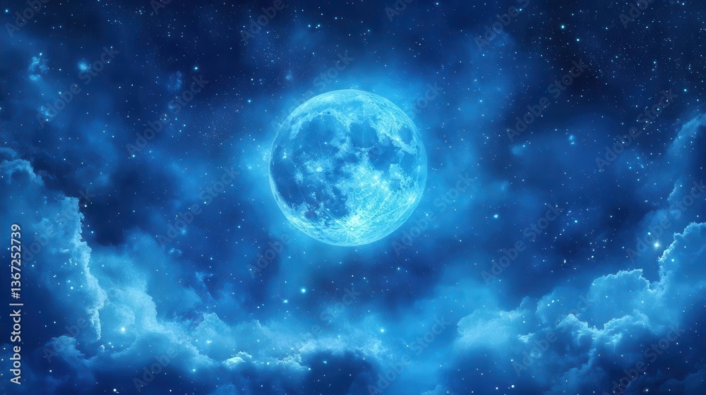 Obraz premium Radiant Full Blue Moon Illuminating a Starry Night Sky with Fluffy Clouds and Tranquil Atmosphere