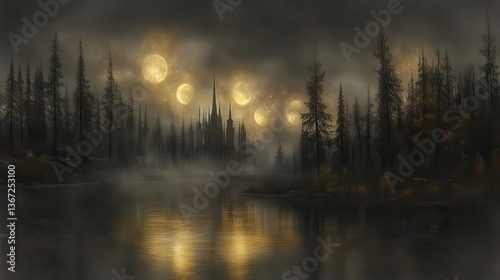 Mysterious Castle Reflected in Calm Waters Surrounded by Dark Forest Under a Foggy Night Sky
