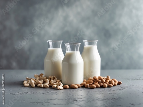 Simple Elegance of Cashew Milk and Nuts on a Textured Grey Surface. photo