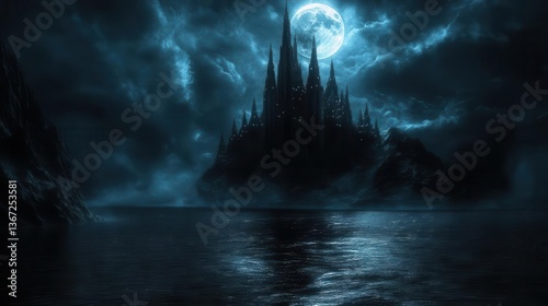 Mysterious Gothic Castle Silhouetted Against a Full Moon Over Dark Waters at Night