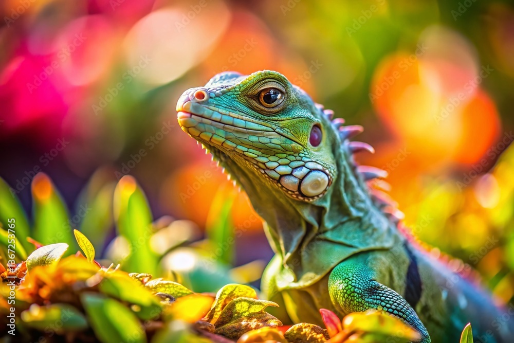 Fototapeta premium Adorable Miniature Iguana in Vibrant Garden - Tilt-Shift Photography