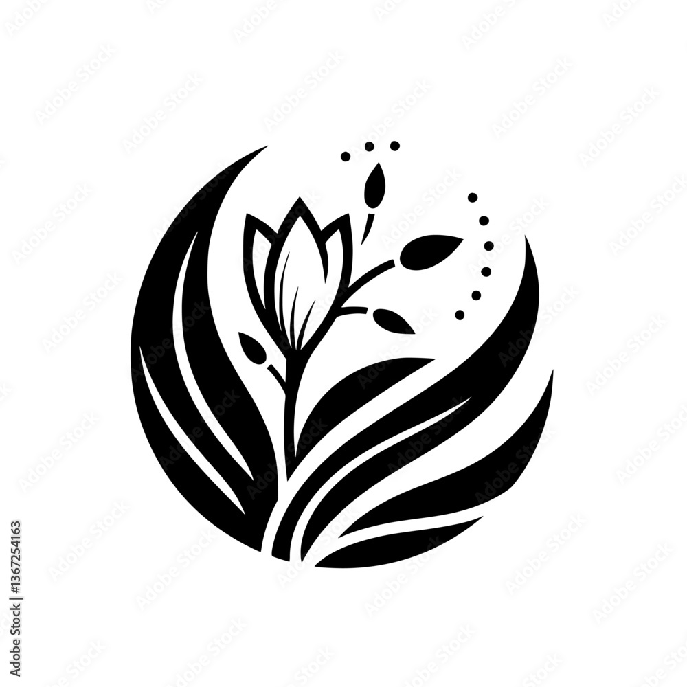 Fototapeta premium Serene Floral Silhouette: Black and White Botanical Emblem