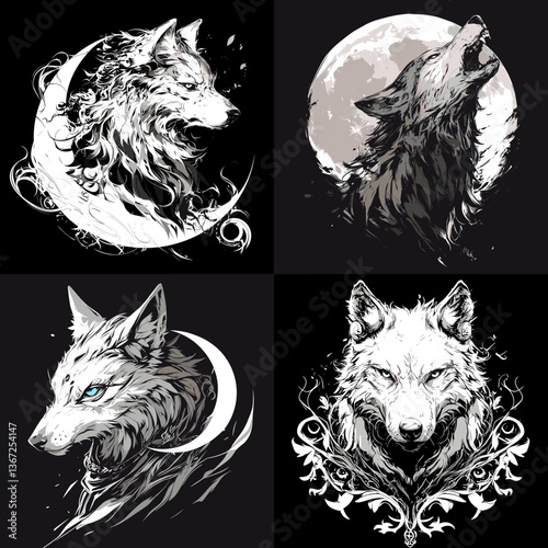 Fantasy wolf illustration set with moon elements, mystical howling wolves, and tribal art style. Ideal for tattoos, posters, and gothic or fantasy-themed designs.

