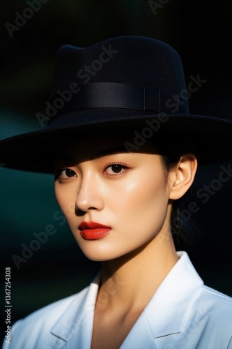 arafed image of a woman wearing a hat and a white shirt