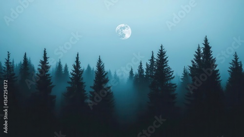 Mysterious Moonlit Forest Silhouette with Misty Atmosphere and Dark Trees at Night