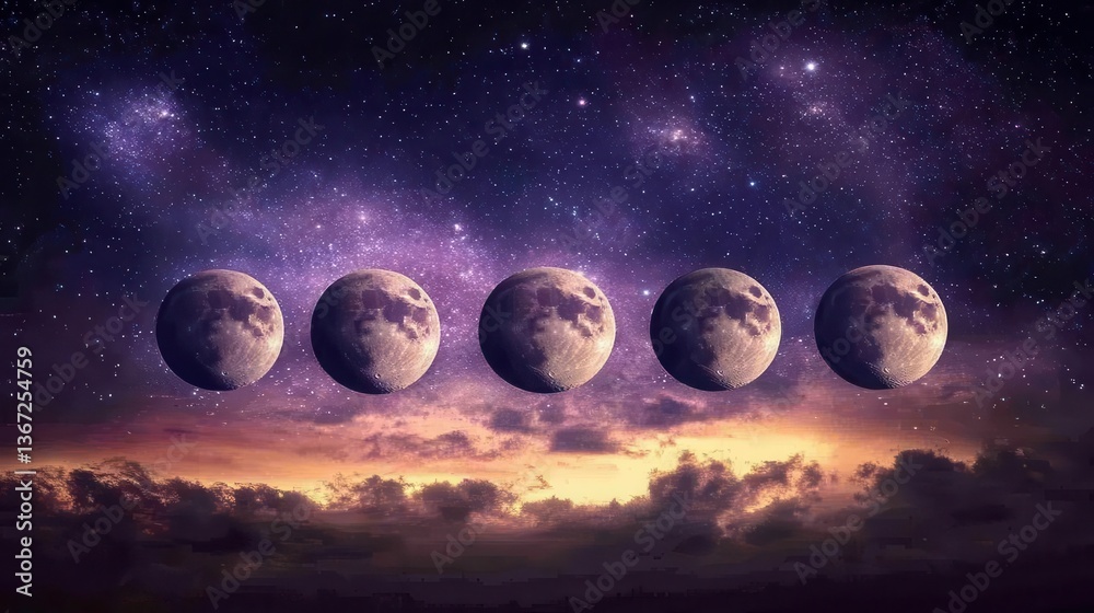 Fototapeta premium Phases of the Moon Glowing Against a Starry Sky at Twilight with Ethereal Clouds
