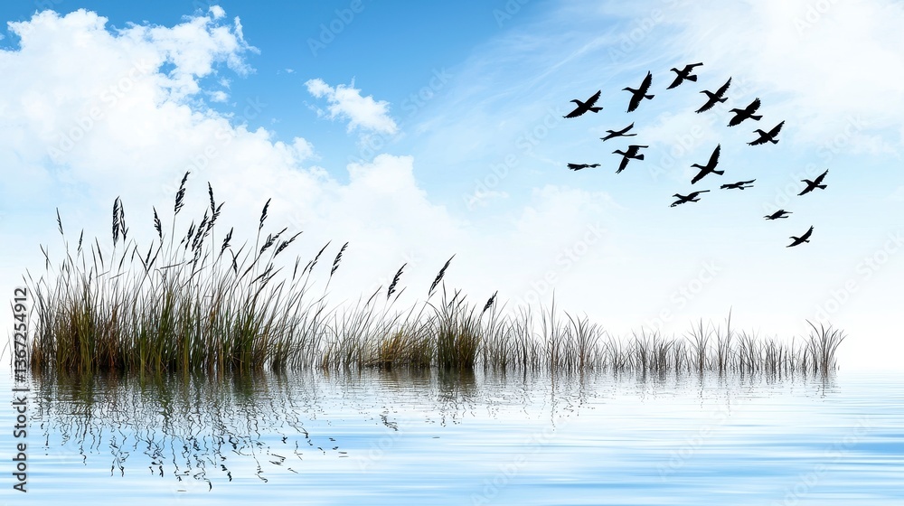 Obraz premium Birds in Flight Over Serene Lake Under Blue Sky