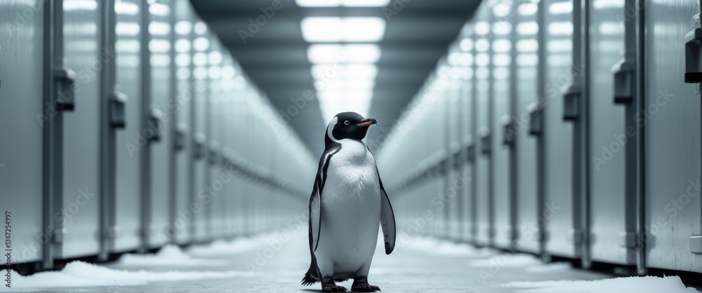 Penguin walking in a cold corridor lined with freezers