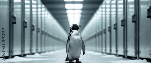 Obraz na płótnie Penguin walking in a cold corridor lined with freezers w salonie