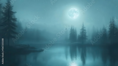 Mysterious Moonlit Night Over a Foggy Lake Surrounded by Silhouetted Forest in Twilight