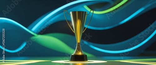 Golden trophy in futuristic spotlight with abstract background