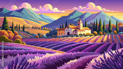 vector of tranquil view of lavender fields in Provence, France, with purple hues stretching endlessly