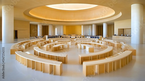 A circular auditorium showcases light wood furniture and structural architecture design