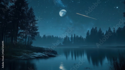 Starlit Sky Over Tranquil Lake with Full Moon and Shooting Star in a Lush Forest Setting