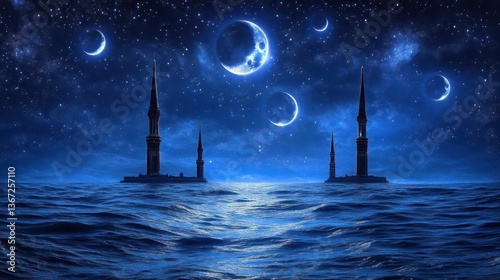 Mystical Night Scene Over a Calm Ocean with Towers Under a Starry Sky and Illuminated Moon