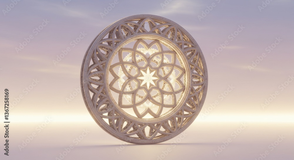 Obraz premium Intricate Circular Mandala Design in a Serene Setting, 3D Rendered Golden Ornament, Elegant Geometric Pattern, Peaceful Atmosphere, Digital Art