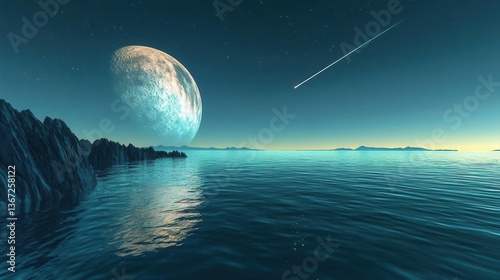 Nighttime Ocean Landscape with Illuminated Moon and Stars Reflecting on Calm Waters