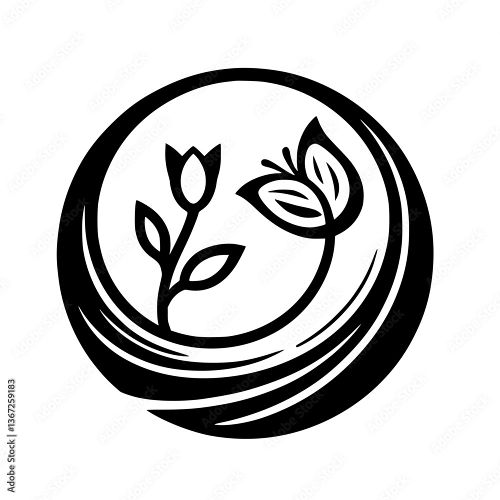 Fototapeta premium Minimalist Floral Emblem: Black & White Circle of Nature