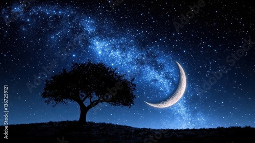 Silhouetted Tree Under Starry Night Sky with Crescent Moon and Milky Way in Tranquil Landscape