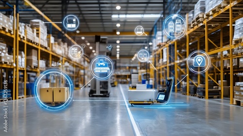 Futuristic AI powered warehouse featuring advanced inventory tracking data analytics and automated workflows for optimized logistics and distribution