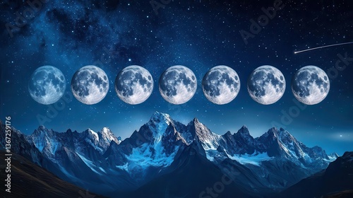 Phases of the Full Moon Over Majestic Snow-Capped Mountains Under a Starry Night Sky