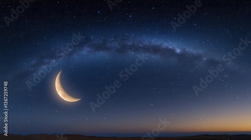 Stunning Crescent Moon Over a Starry Night Sky with Milky Way and Twilight Horizon